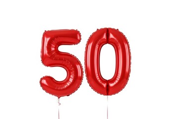Glossy red foil balloon number 50 with ribbon isolated on white. 3D for fifth birthday parties, anniversary events, discount sale countdowns, math education materials, greeting card design