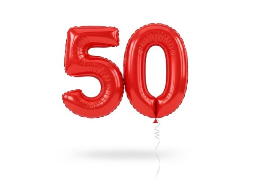 Vibrant red foil balloons forming number 50, inflated and isolated on clean white background. Perfect for forty-year celebration, birthday, anniversary, or milestone event.