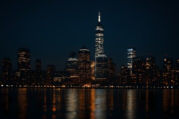 Obraz premium Ai Generated :Stylized City Skyline at Dusk with Reflections and Crescent Moon