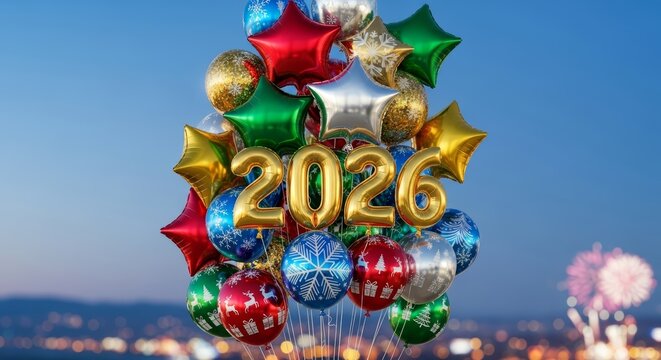 Festive bouquet of Christmas and 2026 New Year balloons on twilight sky with city lights and fireworks. For holiday party invitation, seasonal greeting, event banner, celebration background