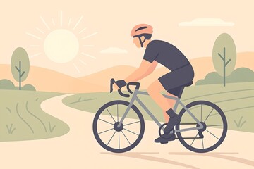 Fototapeta premium Ai Generated :Cyclist Riding Through Scenic Landscape at Sunrise on Winding Path