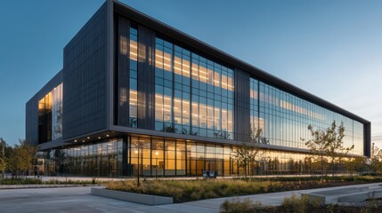 A sleek modern building with glass façade and refined shading panels.