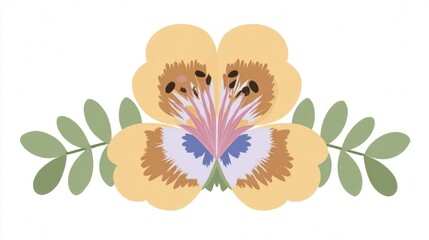 Stylized yellow flower illustration with intricate pink, brown, and blue center, flanked by green leaves, on a white background.