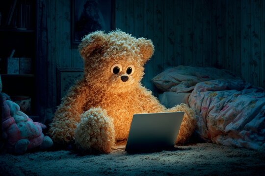Adorable bear hunched over laptop in dimly lit room. Altcoin trading rules. The dark reality behind crypto trading nobody wants to talk about. Crypto trading basics. Funny scene.