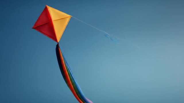Colorful diamond kite flying high against clear blue sky background