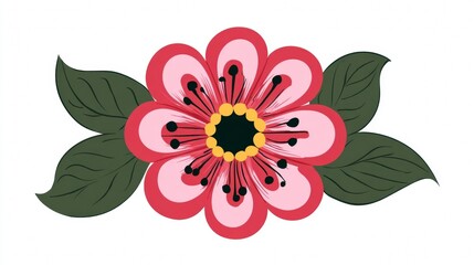 Obraz premium Illustration of a flower with pink petals, dark green leaves, and a black and yellow center.