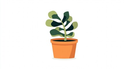 Fototapeta premium Illustration of a potted plant with green leaves in a brown pot on a white background.