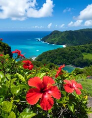 Tropical flowers overlooking a turquoise bay
