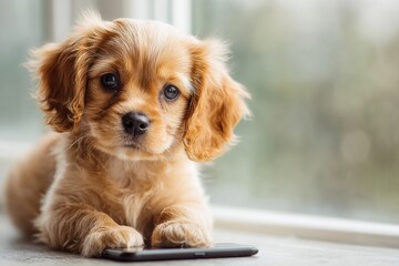 Adorable puppy captivated by smartphone in sunny morning room. Charming puppy. Personalized health metrics revealed through digital devices. Puppy with phone. Body tracking devices.