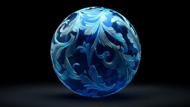 Intricate blue orb with floral patterns on black background
