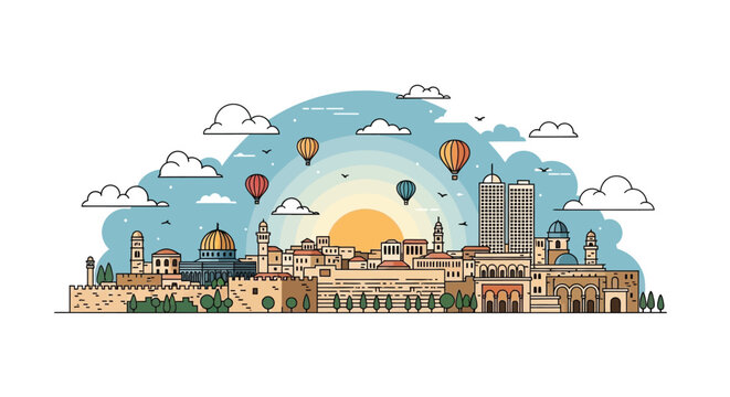 A vibrant, flat-line illustration of the Jerusalem cityscape with famous landmarks and hot air balloons at sunrise.