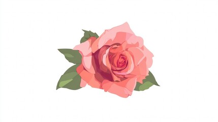 Fototapeta premium A single delicate pink rose bloom with green leaves on a white background.