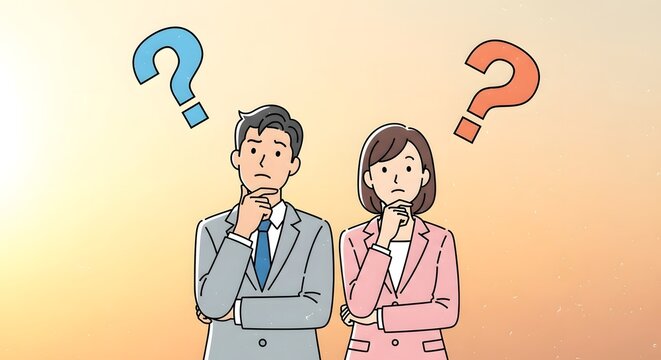 Confused business team thinking over questions brainstorming problems in the office ideal for illustrating teamwork  uncertainty in problem-solving solutions.