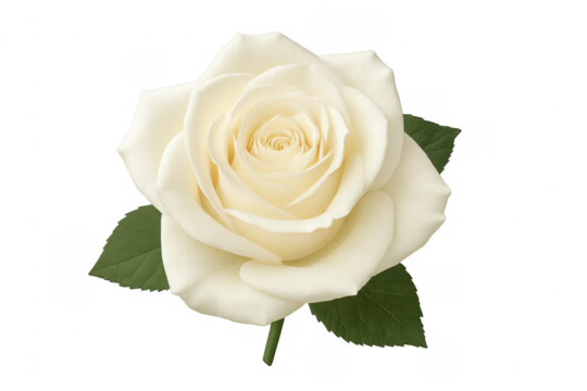 White rose blossom with green leaves, transparent background