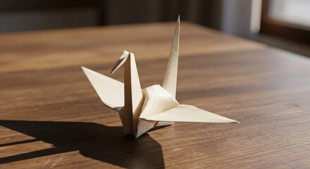 Simple Beige Origami Crane on Rustic Wooden Table