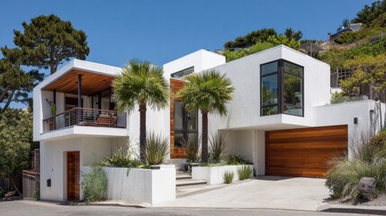 Fototapeta premium Modern home design with stunning architecture featuring palm trees and stylish elements in a bright, sunny environment