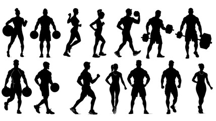 Collection of personal trainer silhouettes showing various fitness activities in 2D vector style