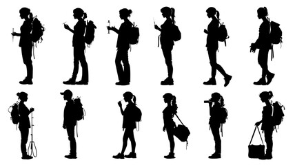 Collection of nurse silhouettes administering care in a modern hospital setting during the day