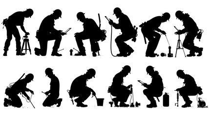 Collection of mechanic silhouettes engaged in various tasks during a workshop setting