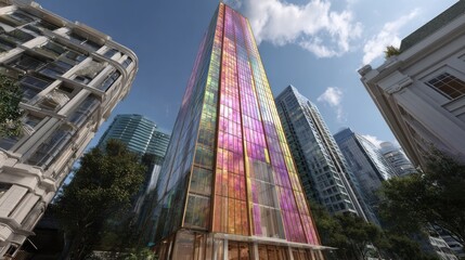 Modern skyscraper with colorful glass facade and urban backdrop under clear blue sky, showcasing contemporary architecture and design