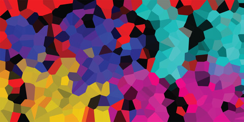 Vibrant abstract geometric mosaic with a kaleidoscope of bright, saturated colors including red, blue, yellow, pink, and turquoise polygonal shapes