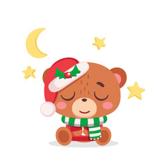 Cute sleeping Christmas bear in Santa hat with moon and stars, cozy illustration for holiday cards, stickers, posters and festive design