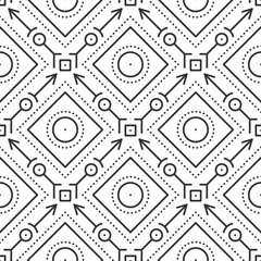 Geometric seamless pattern tile featuring squares, circles, arrows, linear elements. Minimalistic black line art, endless intricate abstract background with repetitive details dots decorative shapes