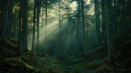 Fototapeta premium Sunlight filters through misty evergreens in a serene mountain forest.