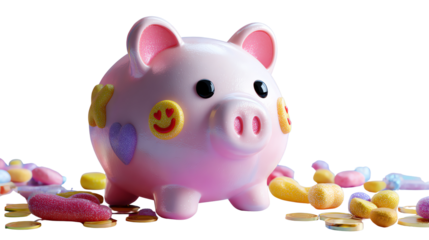 Savings Piggy Bank: A cute pink piggy bank, adorned with playful designs, stands amidst a scattering of coins, symbolizing the journey of saving money