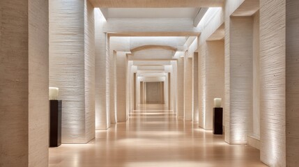 Fototapeta premium Serene Hallway with Elegant Lighting and Smooth Textured Walls in Modern Architectural Design