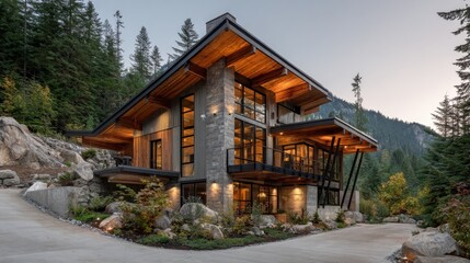 Contemporary Mountain House with Stunning Architecture Surrounded by Lush Nature at Dusk
