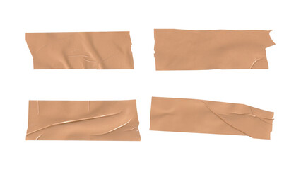 Set of realistic brown packing tape strips. A collection of wrinkled, creased, and torn adhesive...