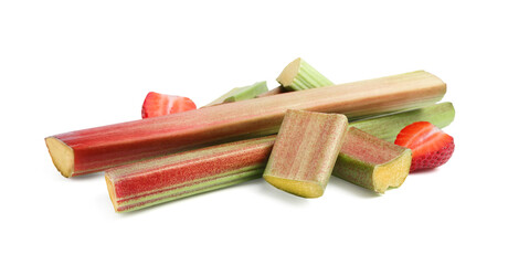 Cut fresh rhubarb and strawberry isolated on white