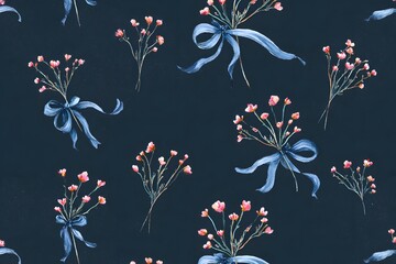Obraz premium Delicate watercolor floral bouquets with soft pink blossoms and blue ribbons on a deep navy blue background seamless pattern