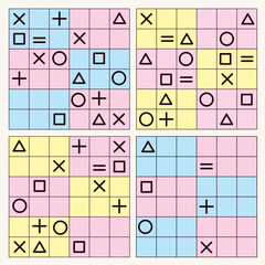 Colorful Sudoku puzzle with geometric symbols for kids. Fun educational logic worksheet with shapes like circle, square, triangle, cross, plus, and equal. Brain game for children learning.