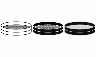 Set of three round laboratory sieves, fine mesh strainer, or sift, sieve line art, showing mesh surface and cylindrical frame. Ideal for science, testing, engineering, and educational design use
