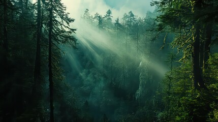 Obraz premium Sunlight filters through misty evergreens in a serene mountain forest.