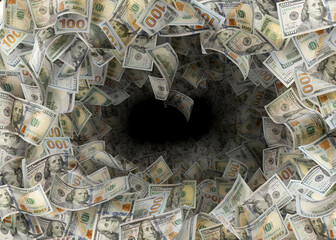 Money vortex. Dollar bills swirling in air