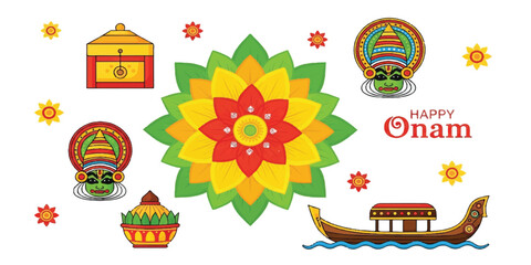 Fototapeta premium High-quality illustration celebrating the Indian festival of Onam with traditional patterns, flowers, and bright decorative elements