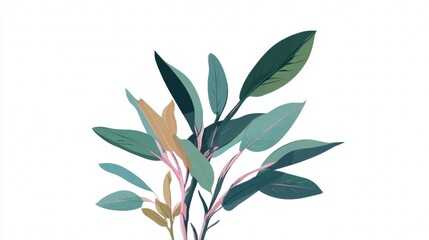 Obraz premium A minimalist digital illustration of a leafy plant with green and tan foliage against a white background.