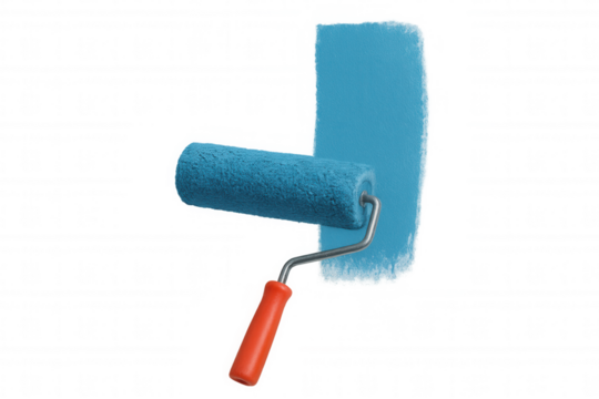 Paint roller applying blue paint, renovating walls, refreshing home improvement, diy project tool, transparent background