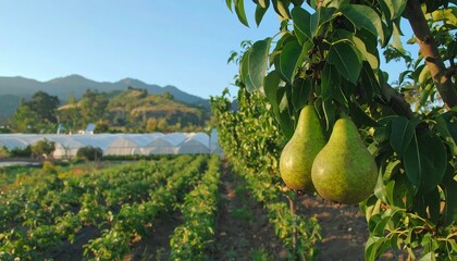 Pears hanging on tree in orchard