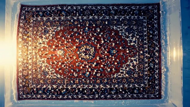 Ornate rug displayed in clear ice