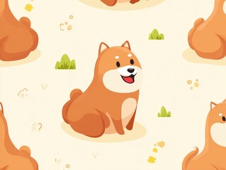 Fototapeta premium Seamless pattern featuring cute cartoon Shiba Inu dogs with cheerful expressions