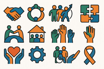 Flat Icon Set of Social Unity and Cooperation in Bold Shapes and Limited Color Palette