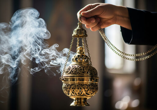Golden thurible releasing fragrant smoke during Christmas liturgy inside church, ornate metal censer symbolizing prayer and devotion
