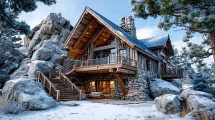 Rustic mountain cabin surrounded by snow and rocky landscape for a cozy winter retreat
