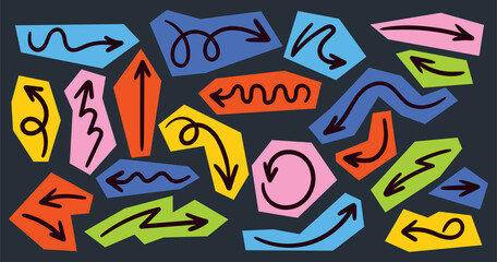 Colorful doodle arrow set on dark background. Bright hand-drawn vector arrows in geometric shapes. Fun decorative illustration for design and navigation.
