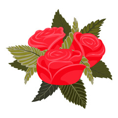 Three red roses. Elegant composition of roses and leaves. Vector illustration isolated on white background.