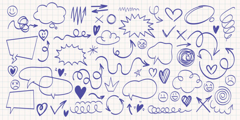 Hand drawn doodle elements set. Blue sketch style arrows, hearts, speech bubbles, and symbols on grid paper background for notes, planners, and creative design.